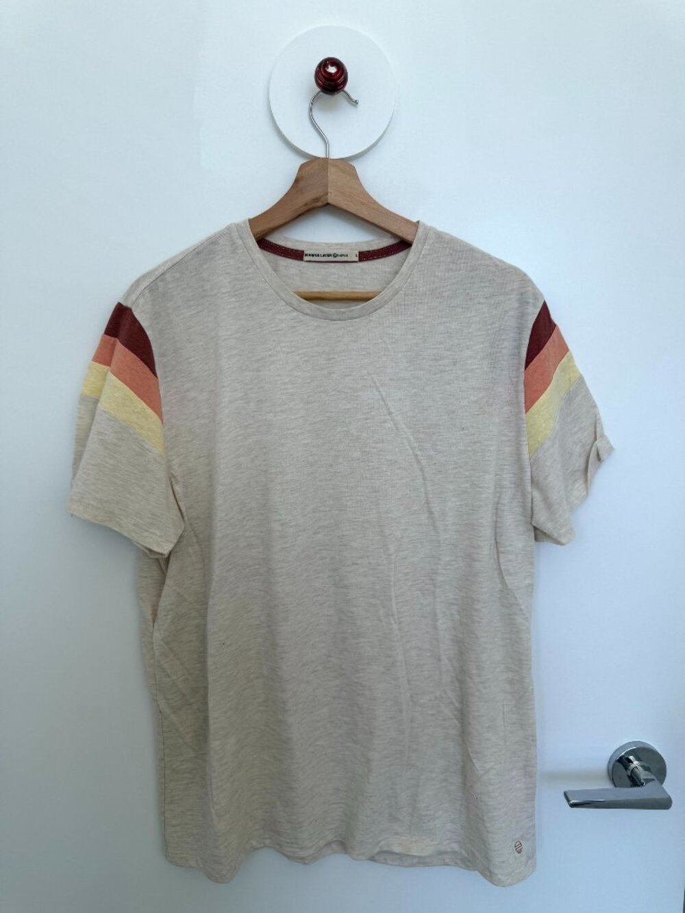 Marine Layer Re-Spun Stripe Sleeve Graphic Tee Oatmeal Heather Men's Large L